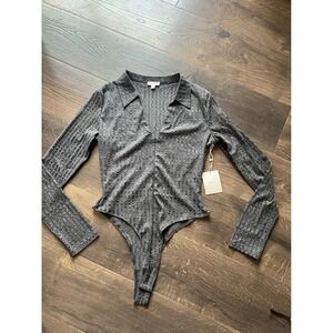 NEW! Beivy Collared Long Sleeve Ribbed Bodysuit Gray Size L